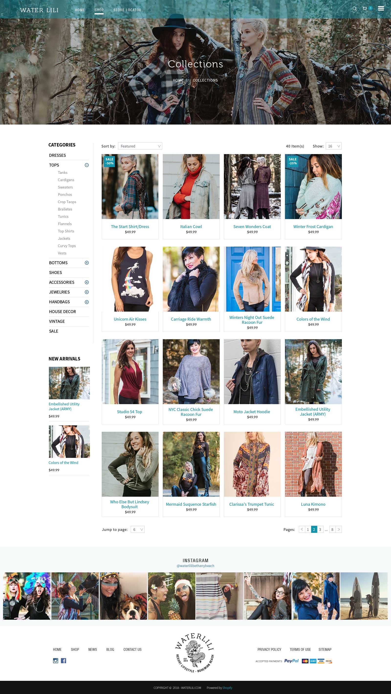 waterlili collections page with sidebar filter